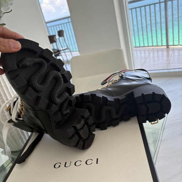 Gucci Women's Black Lace-Up Boots with Gold Accents - Picture 5 of 6